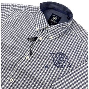 Lerros Shirt Mens Medium Blue Check Short Sleeve Button Up Cotton Preppy NEW